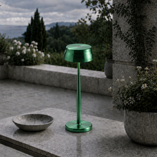 Portable Sculptural Table Lamp | Wireless Modern Metal Lighting – Deep Green Finish