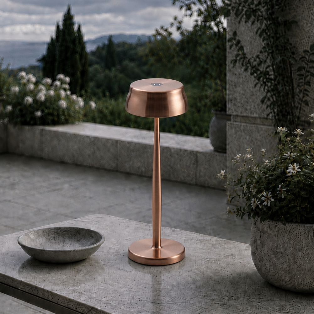 Portable Sculptural Table Lamp | Wireless Modern Metal Lighting – Rose Gold Finish